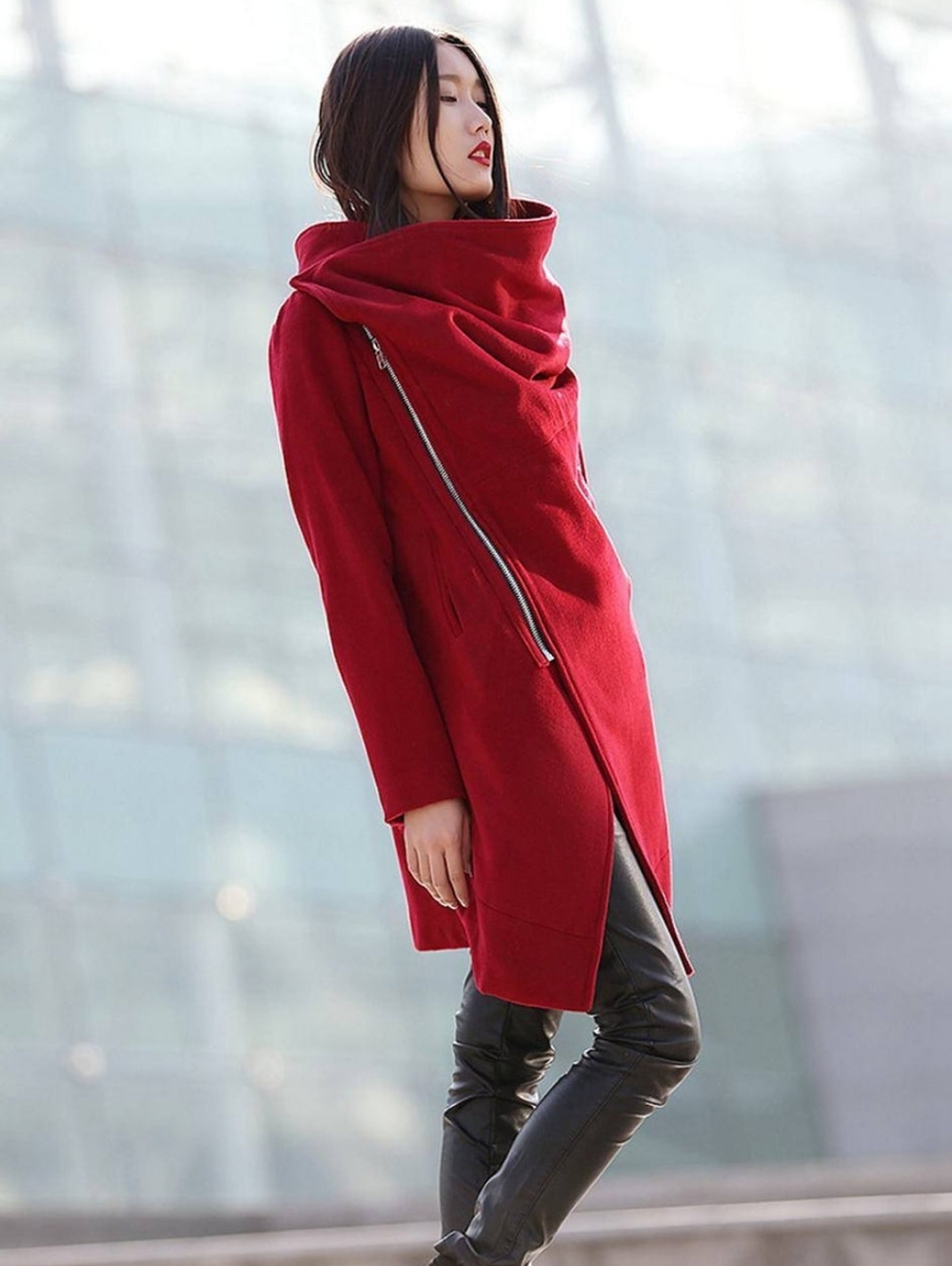 Ylistyle Red Soft Wool Blend Asymmetrical Cowl Neck Vampire Goth Peacoat